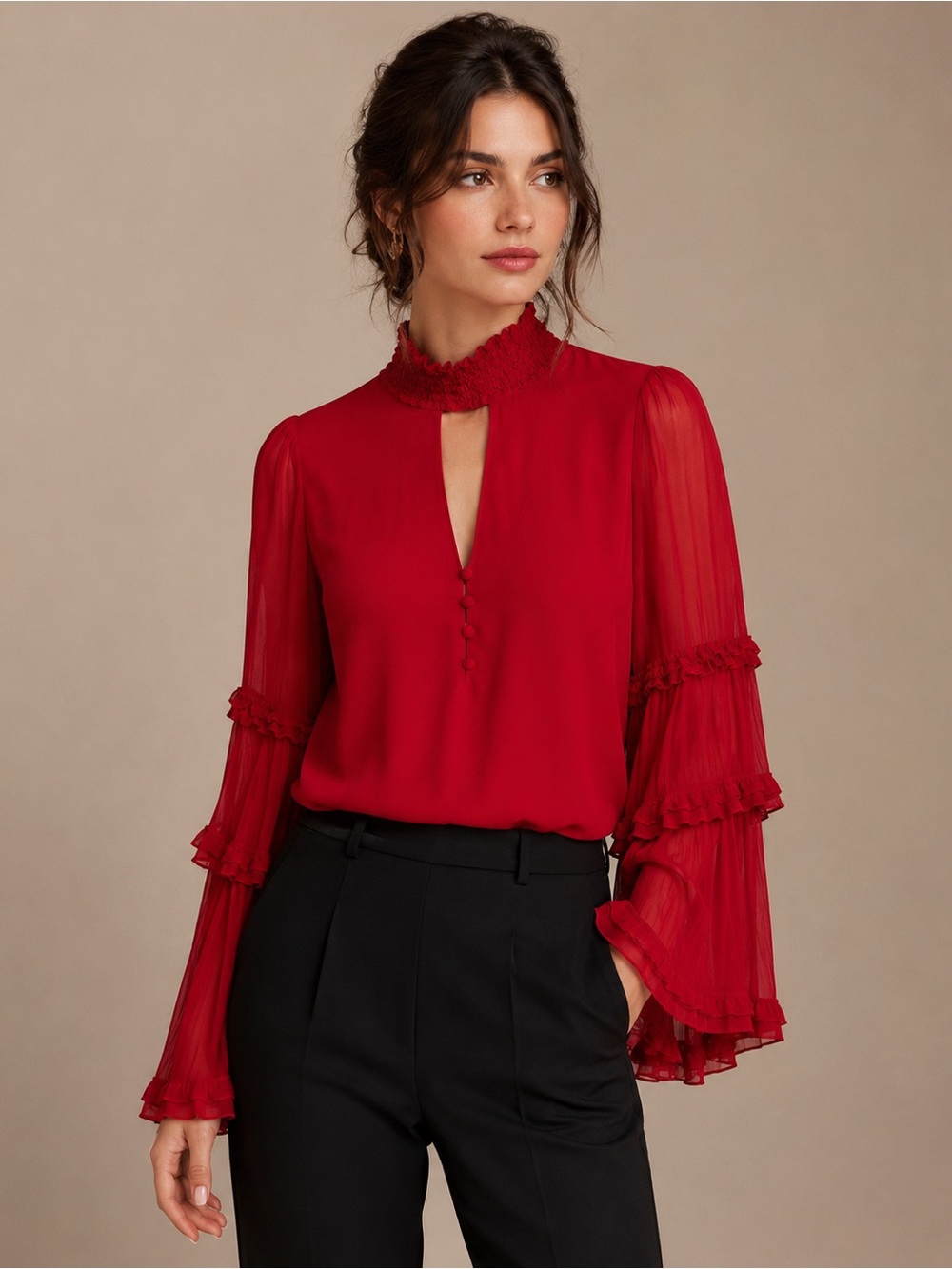 Alexis Hiro Pure Silk Blouse Ruffle Bell Sleeve M Red Sheer Romantic Top